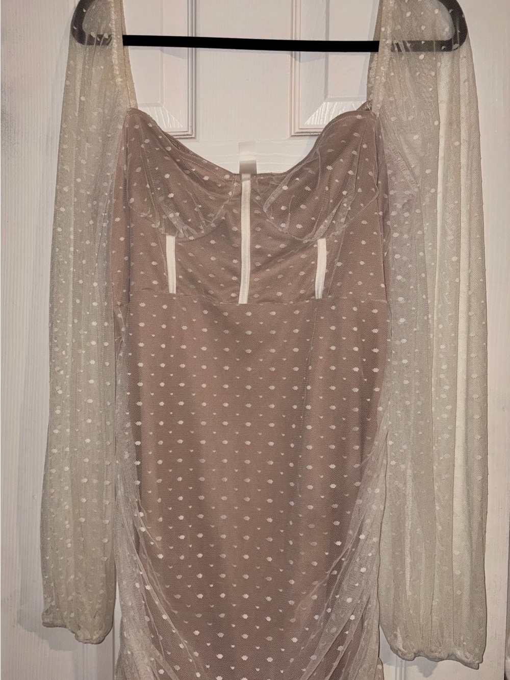 Sheer Polka Dot Long Sleeve Nude Dress